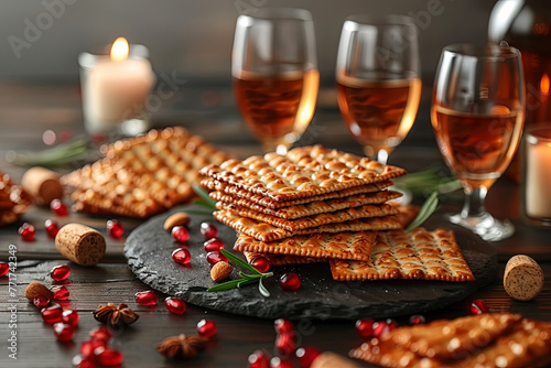 Red kosher wine with a white matzah or matza on a vintage wood background presented as a Passover seder meal