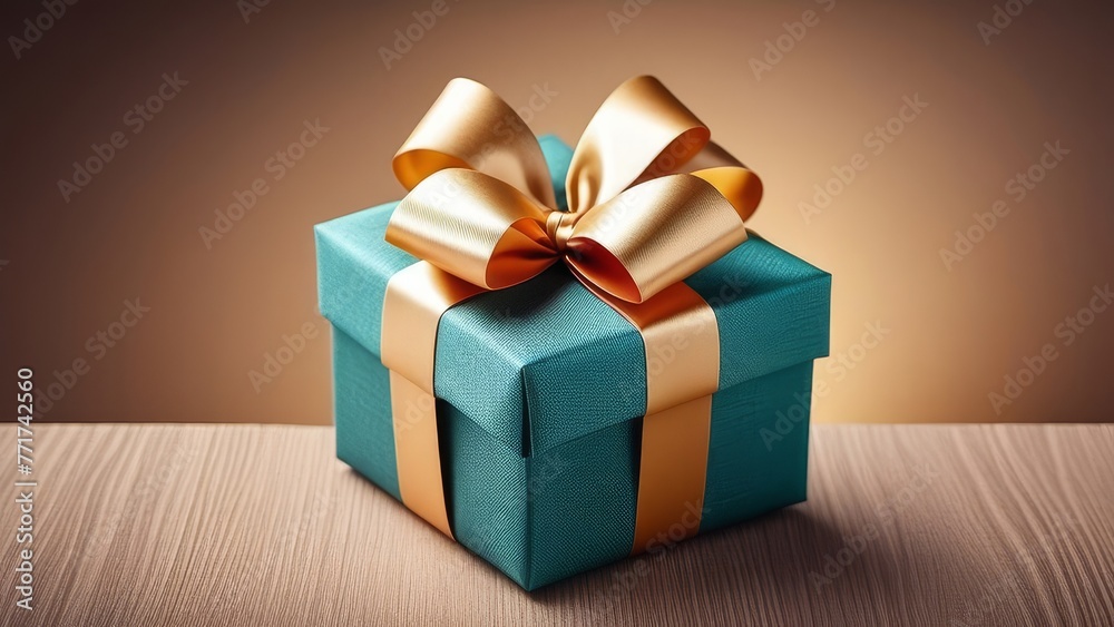 Fototapeta premium A blue box with gold ribbons on top of it. The box is sitting on a wooden table