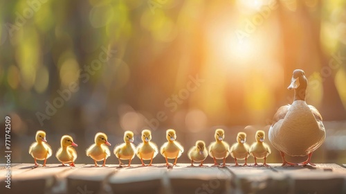  A group of ducks perched together atop a wooden table alongside a line of ducks photo