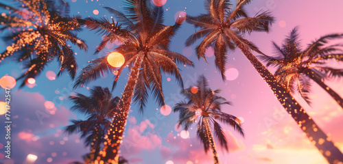 tropical palm trees with golden and holographic glitter at dusk
