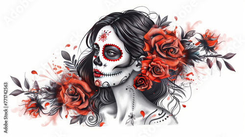 dia de los muertos girl fad with roses. Tattoo style artwork white background,generative ai © JKLoma