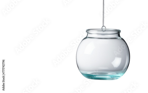 Glass jar with metal hook hanging in mid-air, catching the light in a magical way