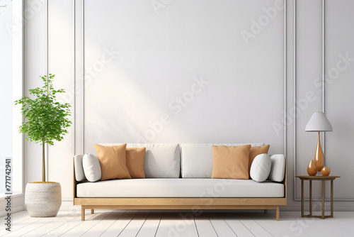 Bright and cozy modern living room interior have sofa and lamp with white wall background photo