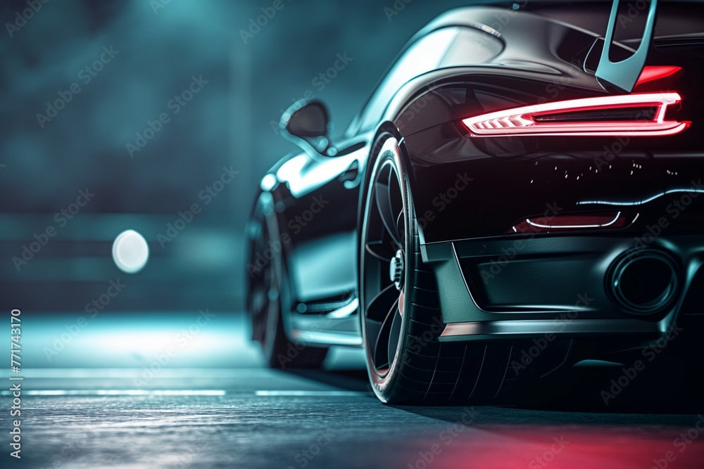 Naklejka premium a sports car front and side view on a dark background, sports car closeup view, supercar isolated, automobile, car, supercar, car background, supercar in smoke background, car side view, car closeup