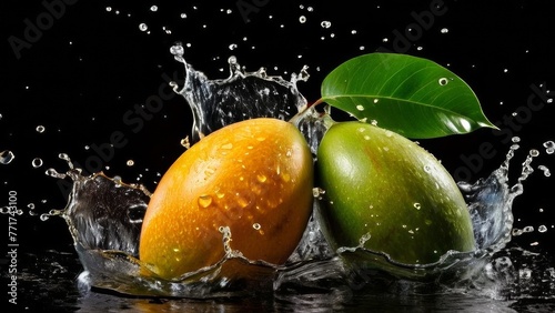 Mango with splashes of water and juice, on a solid background