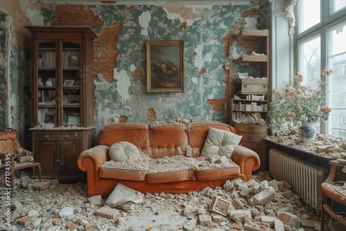 Interior with a couch. The room is in a state of disarray, with debris and rubble scattered throughout. The atmosphere is one of chaos and destruction after the earthquake photo