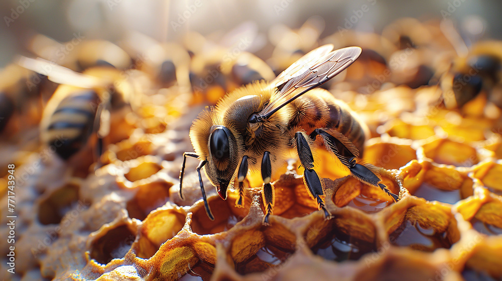 Close up Bees and honeycomb macro. Generative AI - obrazy, fototapety, plakaty 