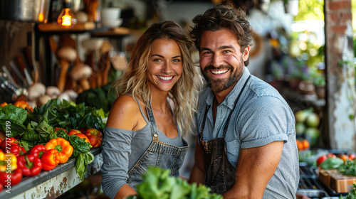 Smiling woman and man shopping at the market. Generative AI
