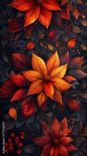 Red and Yellow Flowers on Black Background