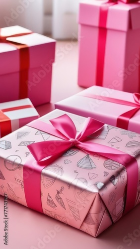 A stack of pink boxes with bows on them, one of which has a red bow on top