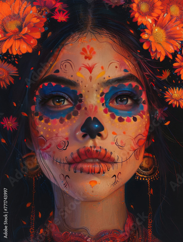 Beautiful woman add subtlety sugar skull style, dark background, for use as a sketchbook cover,generative ai