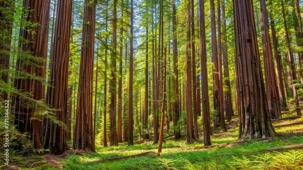 A dense forest brimming with towering trees alongside a lush, verdant field filled with tall trees A dense forest brimming with towering trees alongside a lush, verdant field filled with tall trees