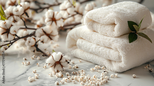Soft white cotton towels for drying hands, face, hair, and body for home use and SPA, massage, cosmetological, and beauty procedures with cotton flowers on the table; 4k illustration for commerce