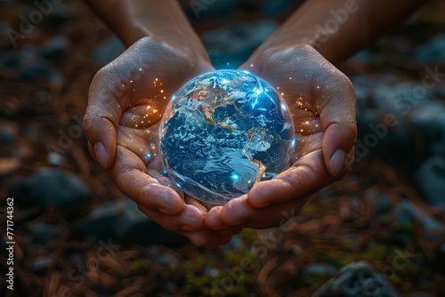 Person is holding a blue planet in their hands. The planet is surrounded by a glowing light, giving it a sense of wonder and awe. Concept of the beauty and importance of our planet