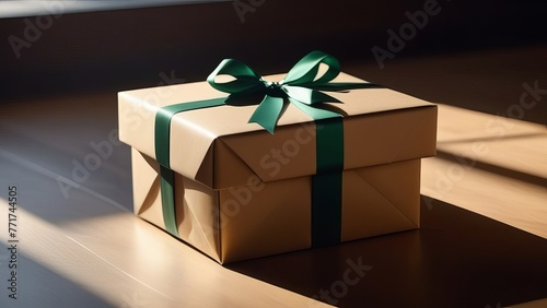 A brown box with a green ribbon on top of it. The box is sitting on a wooden table