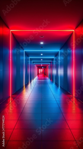 Long Hallway With Red and Blue Lights