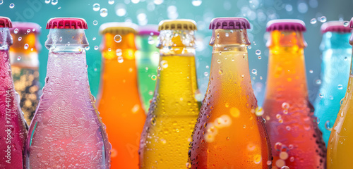 colorful soda bottles with bubbles and condensation photo