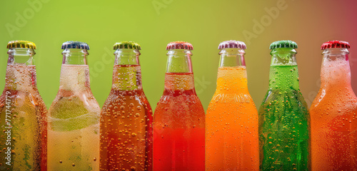 assorted fizzy soda bottles with vibrant colors and bubbles photo