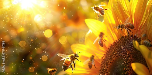 Close-up of a bee collecting honey from a blooming yellow sunflower. Preparation of natural honey. Sunflower and bee as a symbol of summer, health. AI generated illustration photo