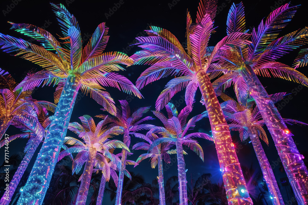 colorful neon palm trees lighting up the night sky Stock Illustration ...