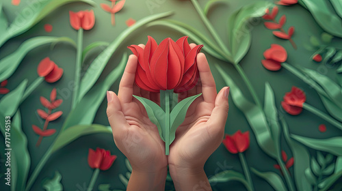 concept of Parkinson's disease day , 11 april, Alzheimer awareness day, dementia diagnosis, memory loss disorder, red tulip or rose flower in human hands Suitable for greeting card, poster and banner. #771745153