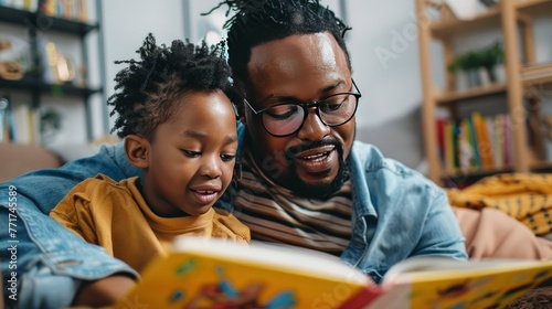 Dad and his children reading a children book photo