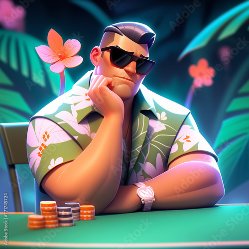 Poker player avatar illustration. Cool Hawaiian poker player 3d style illustration. Poker avatar. Poker player logo. Poker player icon.