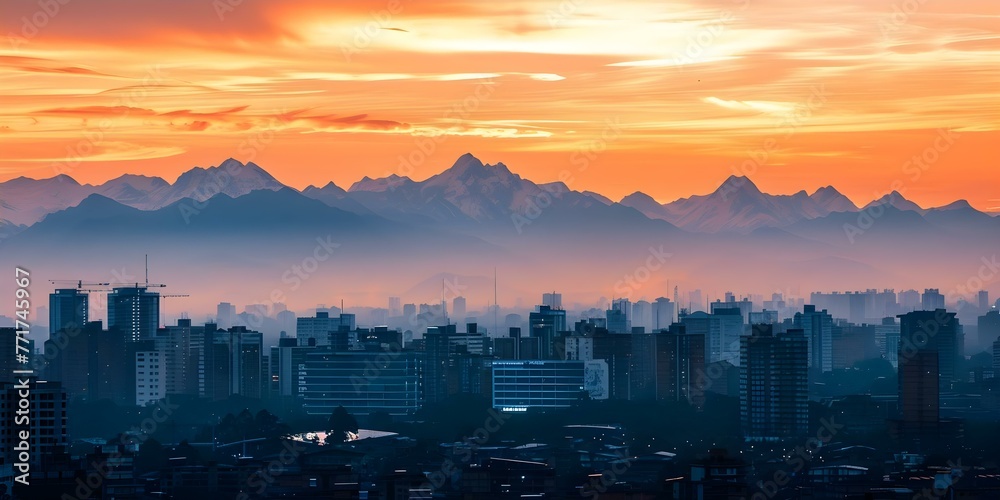 Fototapeta premium Snowcapped mountains in the distance orange sky at sunrise Miss Universe building in Barranquilla Colombia. Concept Travel Photography, Nature Landscapes, Cityscape, Sunrise, Architectural Beauty