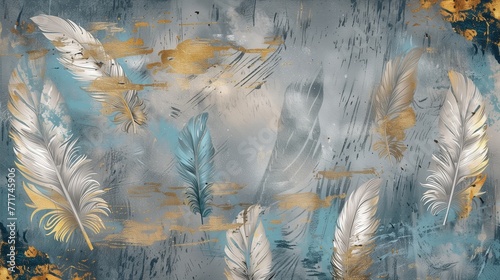 A luxurious vintage-inspired illustration capturing the elegance of finely detailed feathers against a backdrop of sophisticated blue and gold brushstrokes.