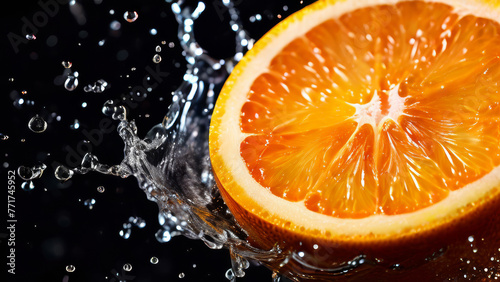 Splashes of juice from half a sliced orange  close-up