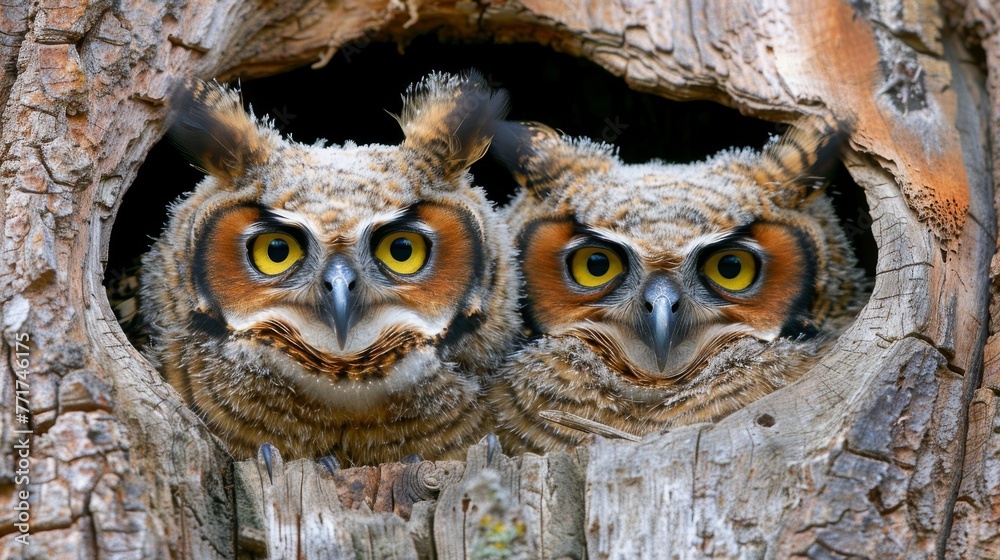 Two yellow-eyed owls peer from a tree trunk's hollow, with a wooden plank obstructing their view Two yellow-eyed owls peer from a tree trunk's hollow, with a wooden plank obstructing their view