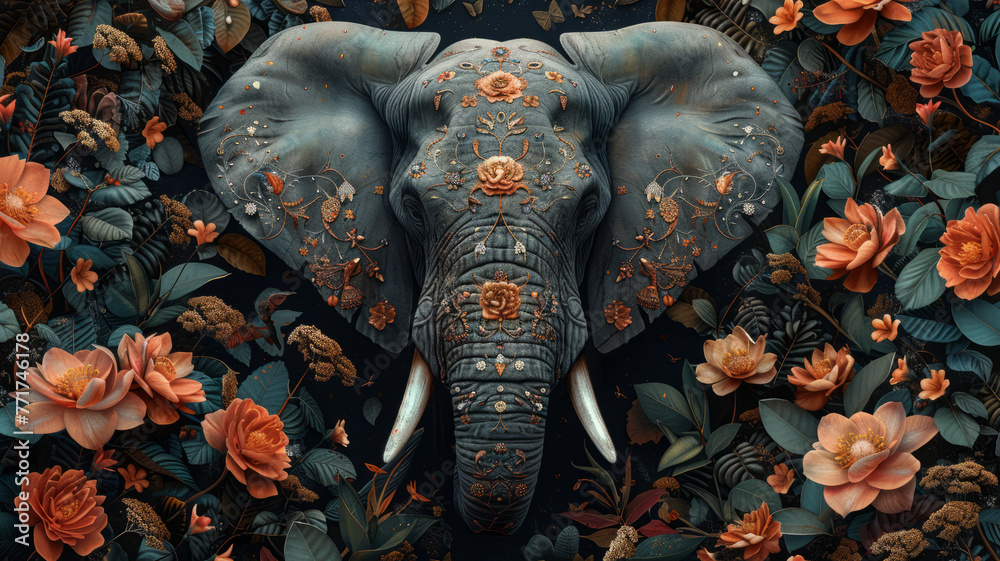 Obraz premium Elegant Elephant: Intricate, dark design amidst lush florals.generative ai