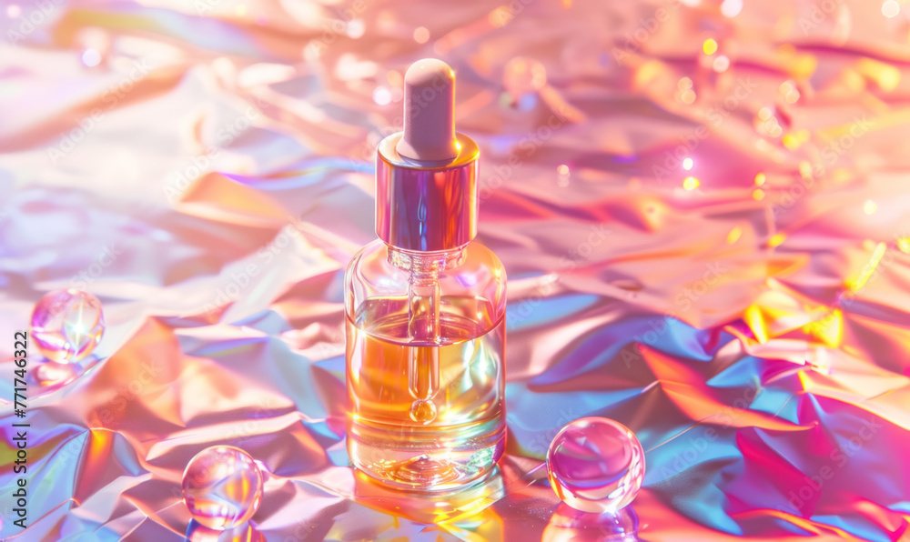 luminous face serum bottle with droplets on a reflective holographic background luminous face serum bottle with droplets on a reflective holographic background