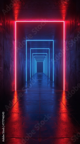 Long Hallway With Red and Blue Lights