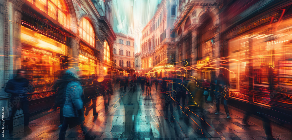 vibrant urban scene with light trails and motion blur on busy city street