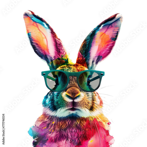 A colorful background featuring a bunny with sungl on transparent or white background