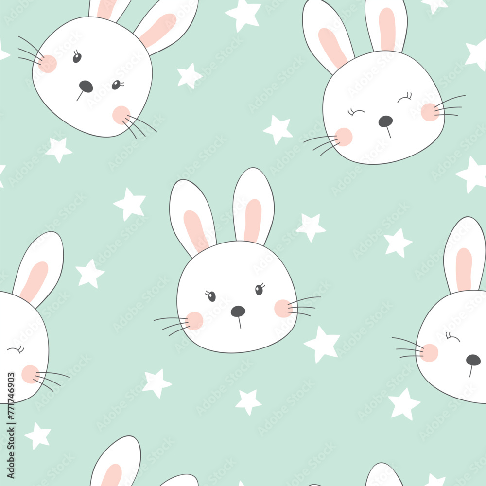 Cute bunny seamless pattern. Baby vector illustration on blue background. It can be used for wallpapers, wrapping, cards, patterns for clothing and others. - obrazy, fototapety, plakaty 