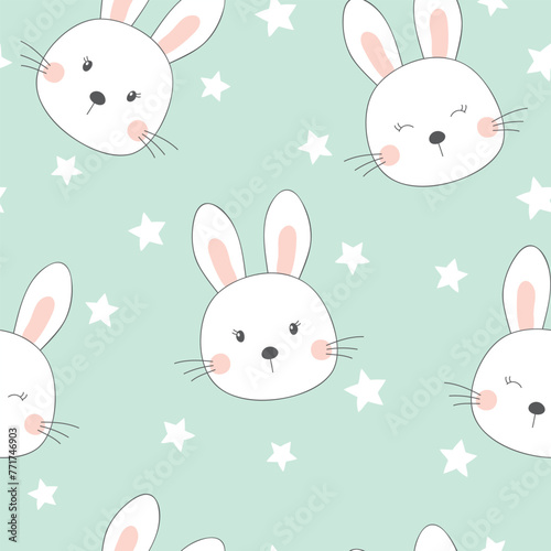 Cute bunny seamless pattern. Baby vector illustration on blue background. It can be used for wallpapers, wrapping, cards, patterns for clothing and others. © Evalinda
