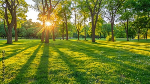  The sun glows vividly through the tree-lined park, where lush green grass and tall trees line the winding trail