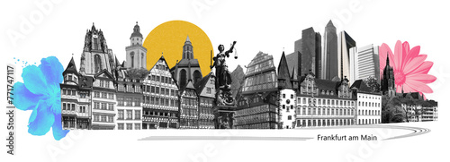 Landmarks collage of the city of Frankfurt am Main, Germany - contemporary creative retro art collage or design - travel concept photo