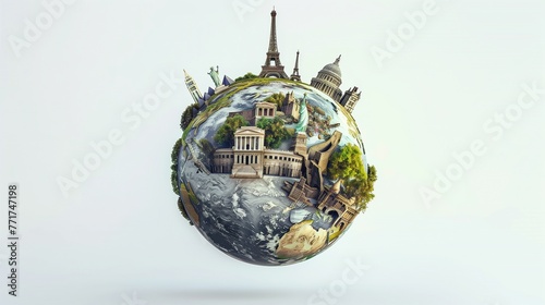 A meticulously detailed, ultra-realistic small planet floats gracefully against a pure white background, featuring iconic landmarks from around the globe.
