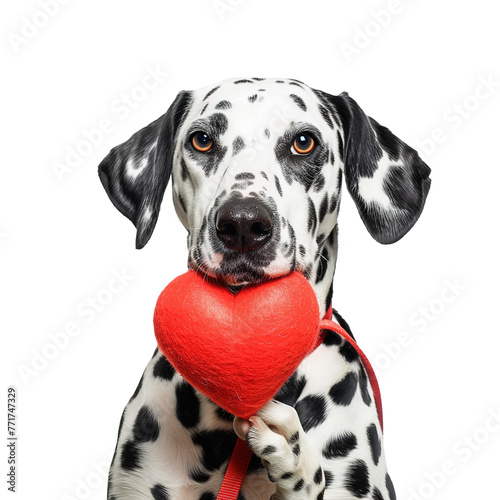 dalmatian dog holding a heart on transparent or white background