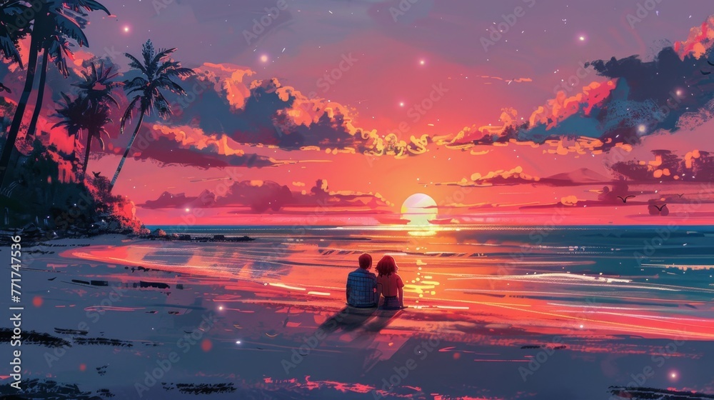 Two People Sitting on a Beach Watching the Sunset
