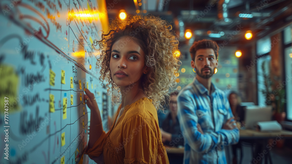 Obraz premium social media and influencer marketing concept - people discussing strategy plan on whiteboard in office,generative ai