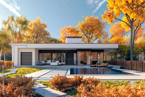 3d rendering of modern cozy house on the hill with garage and pool for sale or rent with beautiful landscaping on background. Clear sunny autumn day with golden leafs anywhere photo