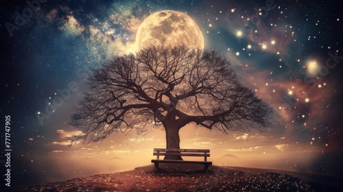  A solitary bench beneath a tree, amidst a vast field, bathed in starlight and the soft glow of a full moon