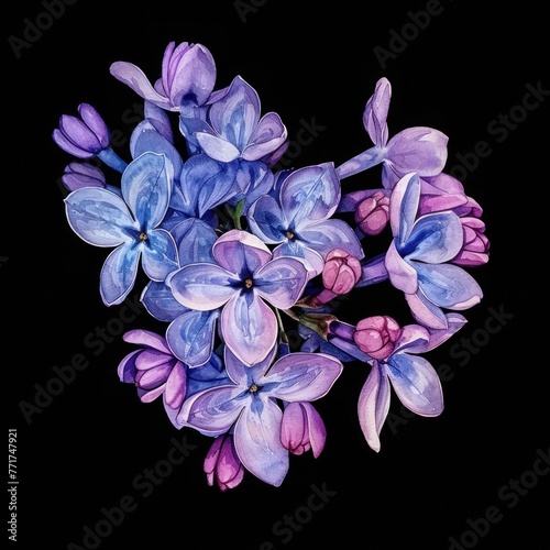 Watercolor, Lilac Flower isolated on black background