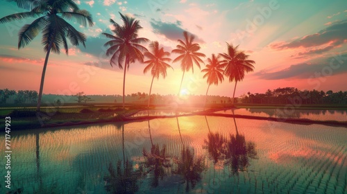 Vintage twilight moment, coconut trees and an asian village field © Image