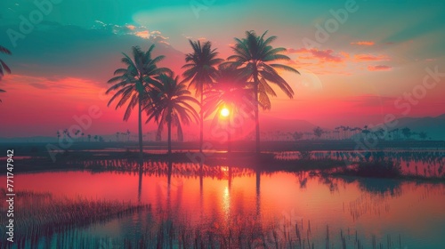 Vintage twilight moment, coconut trees and an asian village field © Image