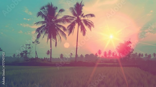 Vintage twilight moment, coconut trees and an asian village field